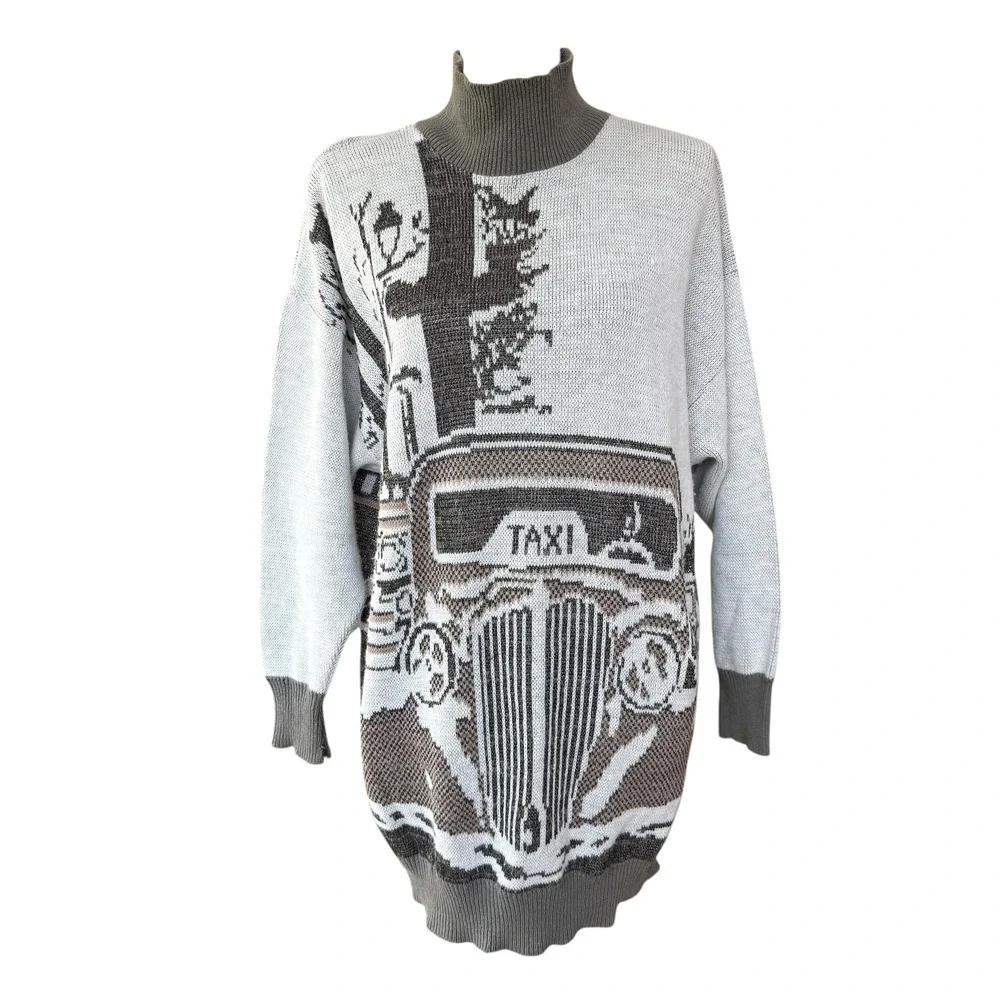 Carole Little for St Tropez Wear Women's Large Mock Neck Taxi Scene Knit Sweater